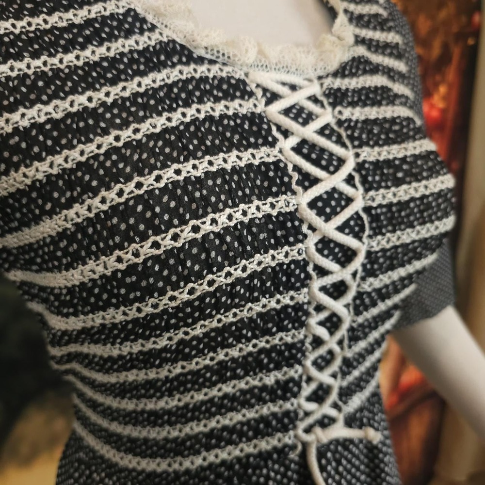 Vintage 1970s Polka Dot Smocked Lace detailed‎ Blue Red Maxi Dress Gown Corset - Picture 4 of 8